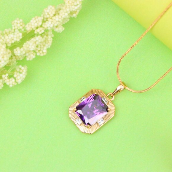"Purple Rectangular Pendant with Gold Frame and Sparkling Accents, XPPT1786 - Picture 3 of 13